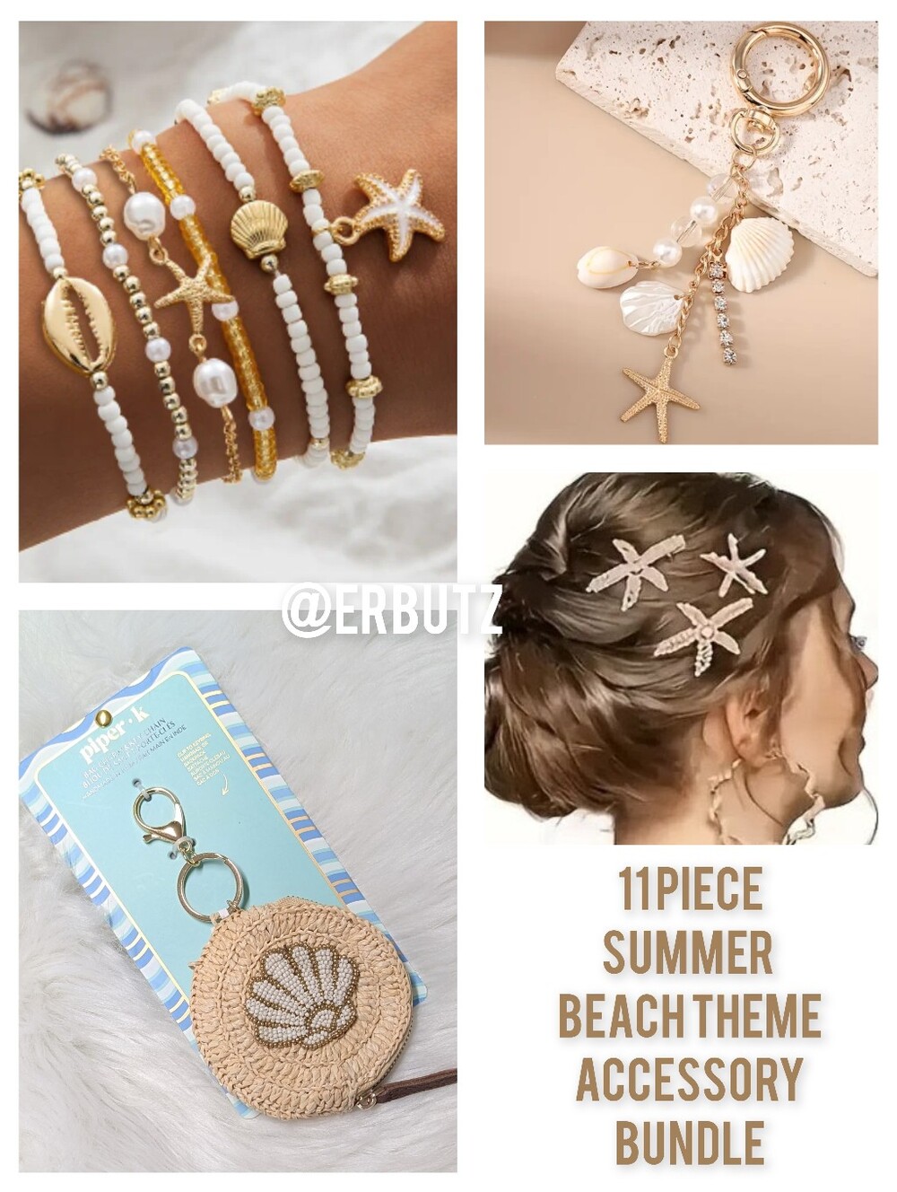 11pc Beachy Accessory Set - Coin Purse Charm, Keychain, Hair Clips, Bracelets 🐚